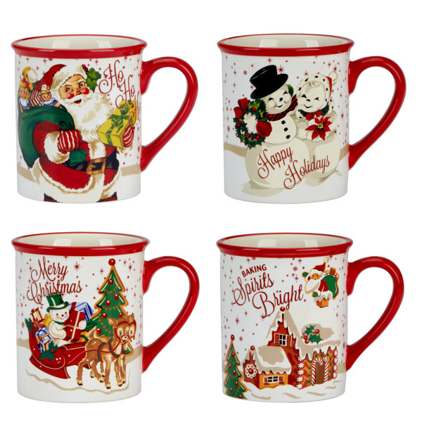 Certified International Santa's Retro Christmas Set if 4 Mugs 18 oz